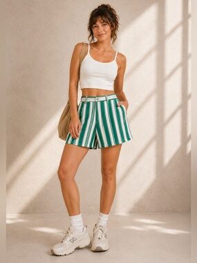 Vintage 90s Razz International Green White Striped High Waist Jean Shorts 26” W